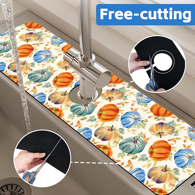 Thanksgiving Colorful Pumpkin Dish Drying Mat for Kitchen Sink Splash Guard Behind Faucet Sink Mat Absorbent Fast Drying Faucet Draining Mat for Bathroom Kitchen 5.5"×24" - Image 7