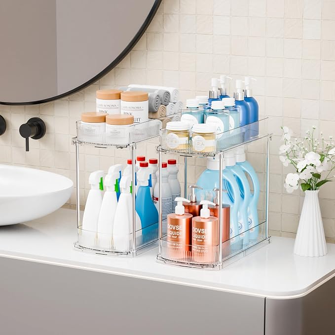 3 Pack 13.8″ Deep 2 Tier Under Sink Storage Organizer,Large Pull Out Bathroom Organizers and Storage,Slide Out Acrylic Undersink Storage Shelf,Kitchen Under Sink Organizer for Cleaning Products - Image 7