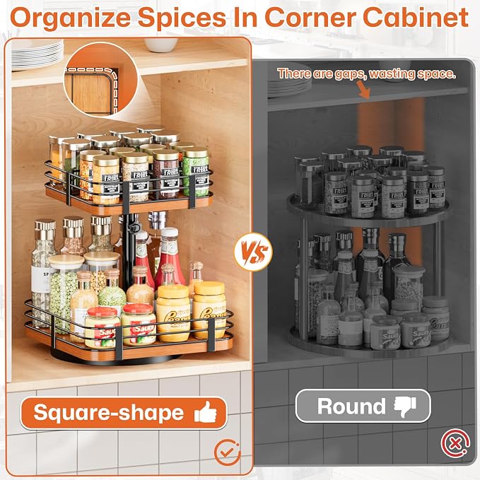 12 Inch Square Lazy Susan Organizer, 2 Tier Adjustable Wood Rack | Removable Divider Rack, 360° Rotating, Adjustable Height, For Pantry, Cabinet, Bathroom & Dining Table - Image 7