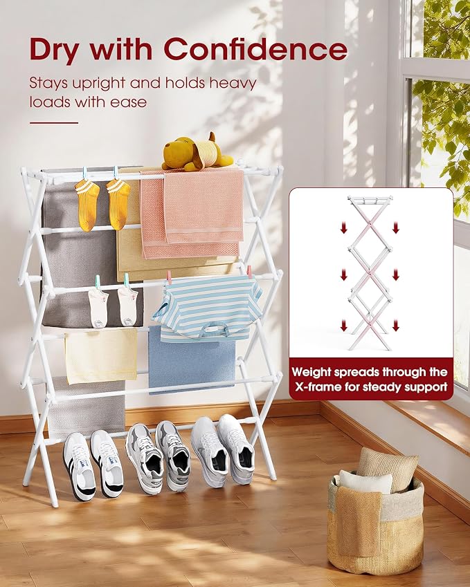 Sakugi Foldable 3-Tier Clothes Drying Rack 37.4" H with Non-Slip Feet | Indoor & Outdoor Use, Space Saving, Metal Frame, 11.4" D x 29.1" W, White - Image 3