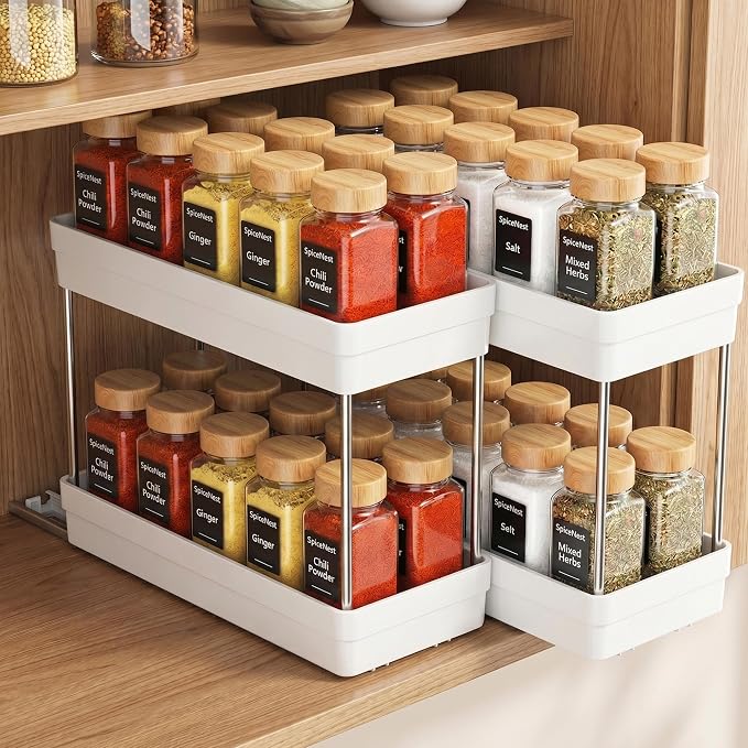 Pull Out Spice Rack, 2 Pack 2-Tier Cabinet Organizer, White | Kitchen Pantry Slide Out Seasoning, Fits Cabinets 12"H x 11"D x 5"W by Unknown