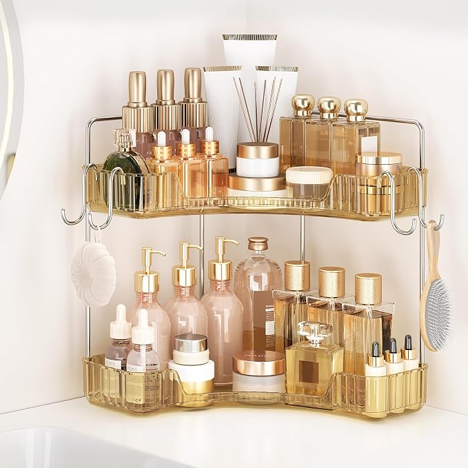 Corner Counter Organizer, 2 Tier Bathroom & Kitchen Storage Tray | PET Vanity Organizer Storage Countertop with Hooks for Skincare, Makeup & Jewelry, Gold by Kinkota