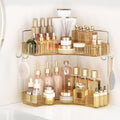 Corner Counter Organizer, 2 Tier Bathroom & Kitchen Storage Tray | PET Vanity Organizer Storage Countertop with Hooks for Skincare, Makeup & Jewelry, Gold by Kinkota