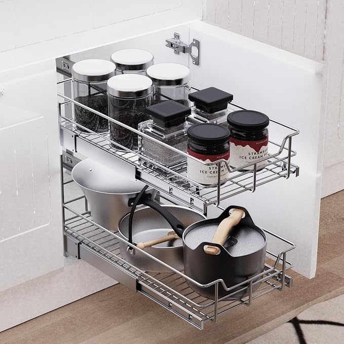 2 Tier Pull Out Cabinet Organizer 11" W X 22" D, Chromed, Full Slide Out | For Kitchen Organizers and Storage, Pull Out Drawers For Cabinets Capacity Heavy Duty Caddy, Cabinet Shelves, Bathroom Pantry - Image 5