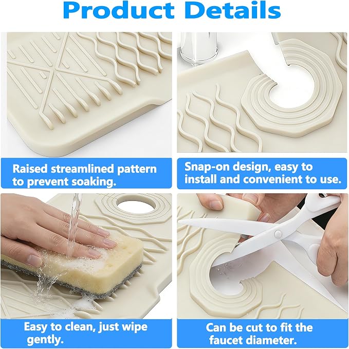 24 Inch Silicone Faucet Mat for Kitchen Sink, 7° Slope Fast Self-Draining Sink Splash Guard, Kitchen Sink Water Catcher Organizer, Kitchen Sink Accessories (off-white, 24''x5.6'') - Image 7