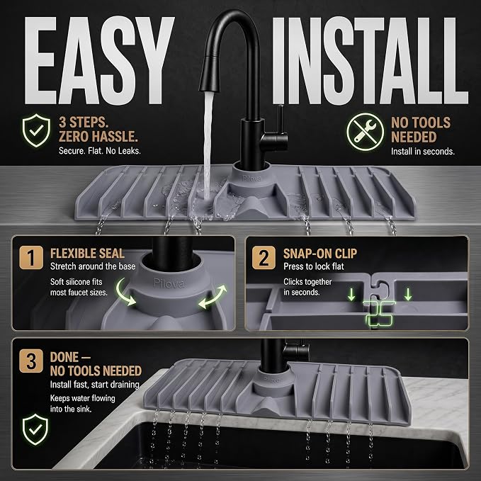 Premium Kitchen Sink Splash Guard – 16" x 5.7" Silicone Faucet Mat with Secure Pressure Clip, True 10° 3D Drainage(No Pooling), Anti-Lift Design, Flexible Leak-Sealing Ring, Non-Slip Fit Behind Faucet - Image 2