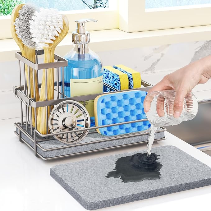HapiRm Sink Caddy Sponge Holder - Kitchen Sink Organizer with Instant Drying Stone and Brush Holder, Stainless Steel Sponge Caddy for Kitchen Countertop - Brushed Nickel by HapiRm
