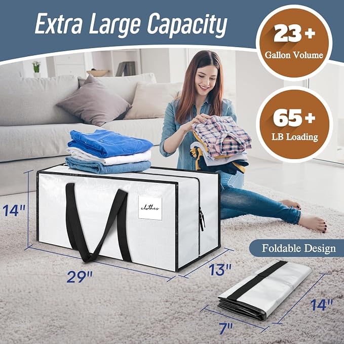 12 Pack Extra Heavy Duty Large Moving Bags with Strong Zipper, White | Comfortable Handles, Sturdy & Durable Clothes Storage Bags Totes Bins, Blue Packing Moving Boxes for College Supplies - Image 3