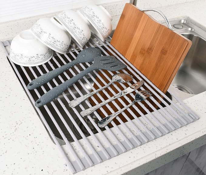 17.5 x 13.1 Inch Roll-Up Dish Drying Rack, Fits Across Sink Openings up to 16.5 Inches, Heavy-Duty Premium Silicone, Strong Support, Non-Slip, Heat-Resistant, Warm Gray - Image 7