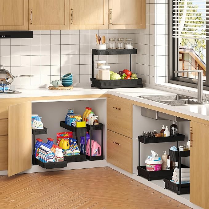 3-Pack 2-Tier L-Shaped Under Sink Organizers with Sliding Drawers | Multi-use kitchen & bathroom storage, 12.85 inch black cabinet organizer, space-saving sliding drawer design. - Image 5