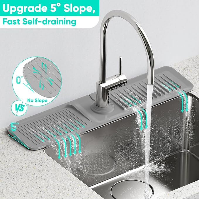 24 Inch Longer Faucet Mat for Kitchen Sink [5° Slope Fast Self-draining]Bathroom Kitchen Sink Splash Guard Silicone Sinks Faucet Mat Splash Guard for Kitchens Sinks Area Tidy Splashs Draining Mats - Image 2