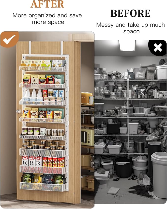 POKIPO Over the Door Pantry Organizer 8-Tier, Large Metal Door Spice Rack with Adjustable Basket, 2 in 1 Wall Mount or Hanging Heavy-Duty Pantry Door Storage Shelf for Kitchen and Bathroom, White - Image 3