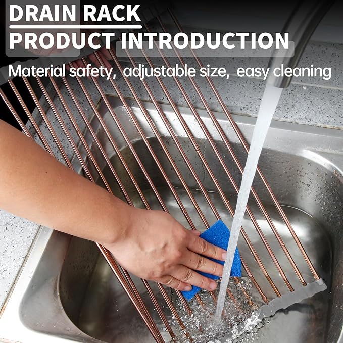 11.8" x 17" Expandable Roll Up Over The Rack Sink Cover Kitchen Dish Drying Rack,SUS304 Stainless Steel Multipurpose Collapsible Organizer Dish Drying Rack for Kitchen Sink Cover,Rose Gold - Image 6