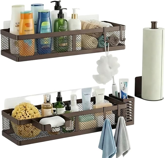 PUSDON 5-in-1 16.5" Extra Long Slim Wall Mount Wrapped Mesh Kitchen Organizer & Shower Caddy Kit, with Paper Towel Holder, Utensil Holder, Soap Dish, Holds 50LBS - Vintage Bronze, Netting by PUSDON