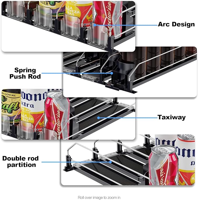 Drink Organizer for Fridge,12oz - Soda Can Dispenser for Refrigerator,Width Adjustable,Automatic Pusher Glide (White 10" D, 2ROWS) - Image 6