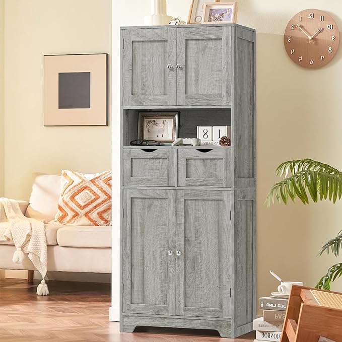 Iwell Tall Storage Cabinet with Adjustable Shelf, Bathroom Cabinet with 2 Drawers, Linen Cabinet for Living Room, Grey - Image 5