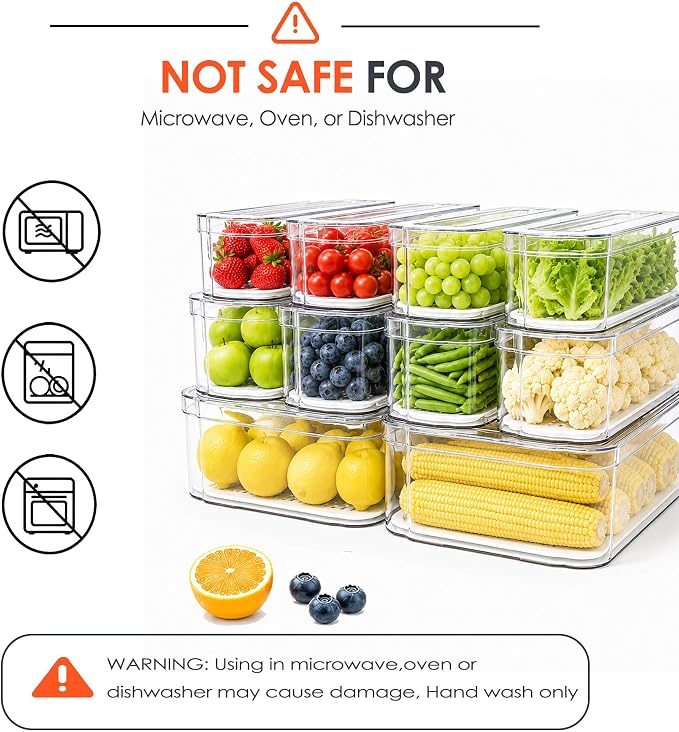 SMRCAD Clear Fridge Bins with Drain Trays - BPA-Free PET, Stackable | 10 Pack: 10 lidded Bins, Helps Keep Produce Fresh, 17.4L Capacity, Hand Wash Only - Image 3