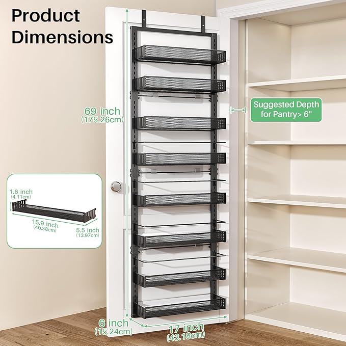 SNTD 8 Tiers Over the Door Organizer, 17" W x 6" D x 69" H, Black | Pantry Door Organizers and Storage, Height Adjustable Spice Rack, Dense Mesh Baskets, Anti-Swing, Adjustable Door Fastener - Image 2
