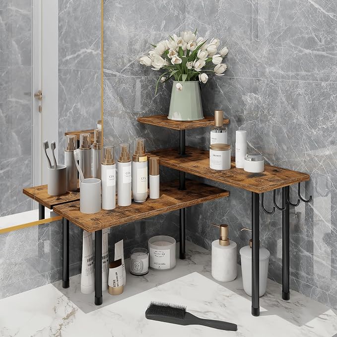 Kitchen Countertop Organizer - 3 Tier Corner Shelf, Bathroom Counter Organizer, Spice Rack, Coffee Bar, Over Sink, Rustic Brown - Image 4