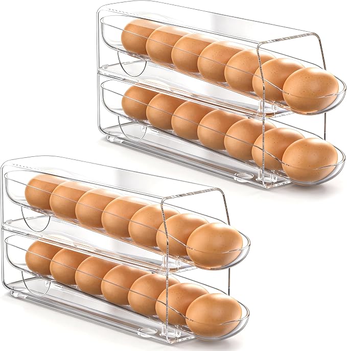 theaoo Auto Rolling Egg Dispenser for Refrigerator with Quick Removable Inner Tray, Space-Saving Egg Organizer and Holder, Egg Storage Container for Fridge, Easy to Load and Grab Eggs (2 Pack) by theaoo