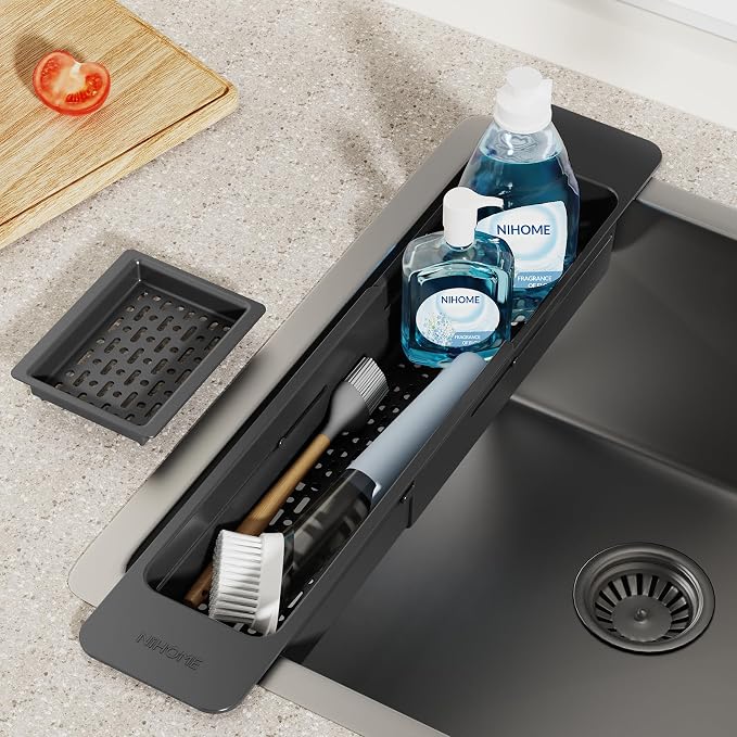 NiHome Extendable Kitchen Sink Caddy Extra Long Brush Sponge Storage Holder | Expandable Kitchen In Sink Organizer Extra Long for Brush & Sponge with Drainage, Adjustable Length, Non-Slip Pads (Black) - Image 2