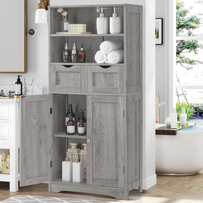 Iwell Storage Cabinet with 2 Drawers & Adjustable Shelf, Tall Bathroom Cabinet with Doors, Cupboard, Kitchen Cabinets for Living Room, Dining Room, Entryway, Grey - Image 2