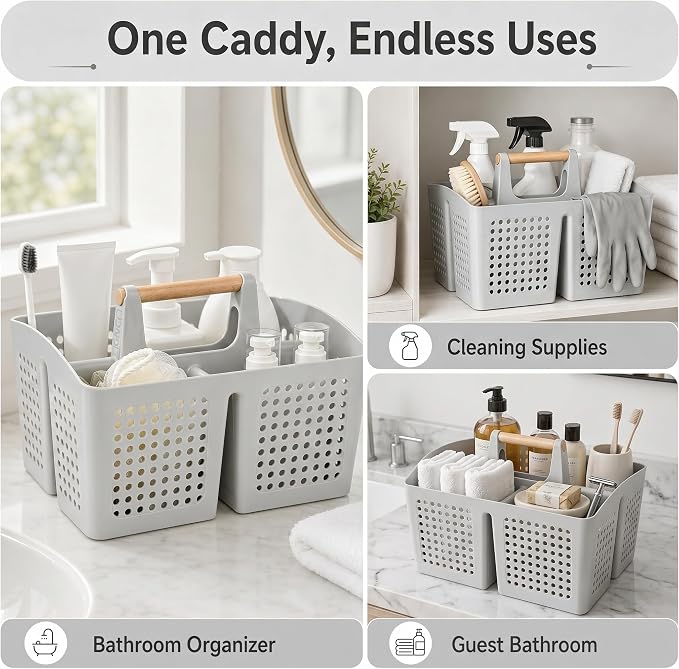 Portable Shower Caddy Basket with 3 Compartments and Handle, Light Gray | Plastic Divided Storage Caddy for Bathrooms, Apartments, Guest Rooms, Offices, Crafts and Under-Sink Organization - Image 6