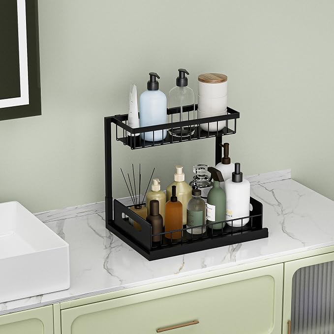 Under Kitchen Sink Organizer 2 Tier, Pull Out Bathroom Sink Organizers and Storage, Cabinet Kitchen Bathroom Storage Organization Shelf, 1 Pack Black - Image 5