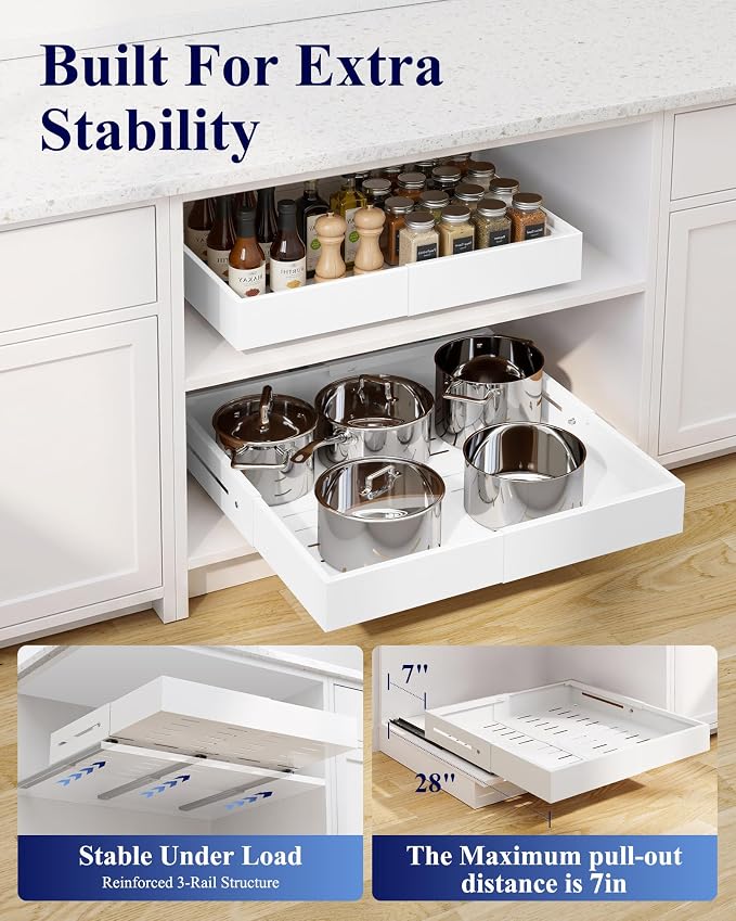 Kitsure Pull Out Cabinet Organizer - 2 Pack(12.6"-21" D x 12"-20.4" W) Expandable Sliding Cabinet Shelves, Smooth Glide Drawer Organizer, Kitchen & Pantry Storage, Framed & Frameless Cabinets - Image 3