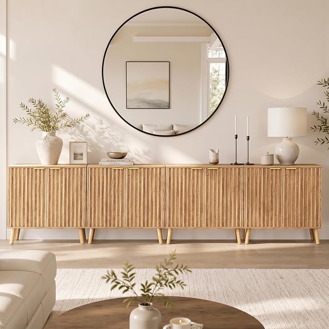 Set of 4 Fluted Storage Cabinet, Buffet Cabinet with Storage, Wood Sideboard with Adjustable Shelf, Modern Accent Cabinet & Console Table for Entryway, Living Room, Dining Room, Natural - Image 3