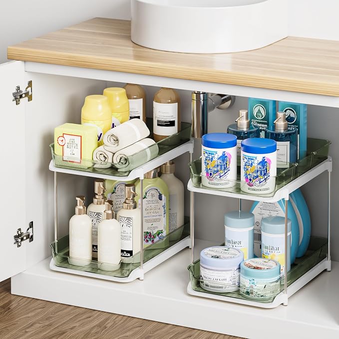 Delamu 2-Tier Multi-Purpose Bathroom Under Sink Organizers and Storage, Stackable Kitchen Pantry Organization, Pull Out Medicine Cabinet Organizer with Movable Dividers, Light Green, 4 Pack - Image 7
