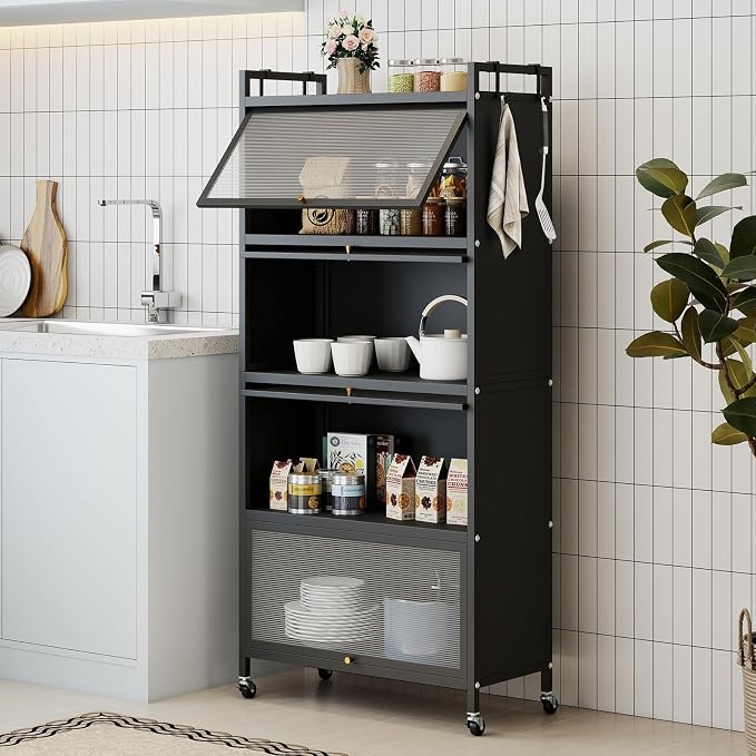 GIANTEX 5-Tier Kitchen Storage Cabinet, 4 PC Doors, Rolling Wheels (Black) | Mobile Metal Pantry Cabinet with 4 Hooks & Adjustable Feet, 60" Baker's Rack Microwave Stand for Dining & Living Room - Image 2