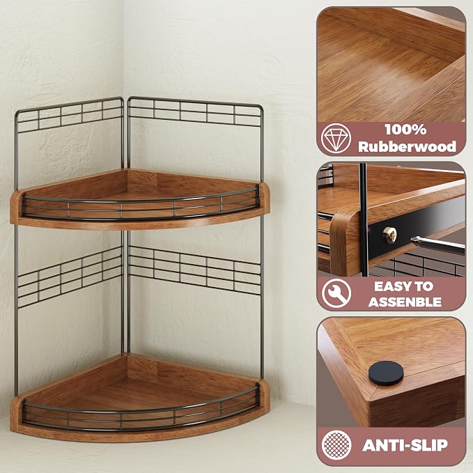 Bathroom Countertop Corner Organizer for Small Spaces, 2-Tier Counter Shelf | Oak Wood & Iron, Fan-Shaped Counter Shelf for Sink & Vanity Corners, Skincare, Toiletries, Compact Vertical Storage, Walnut - Image 4