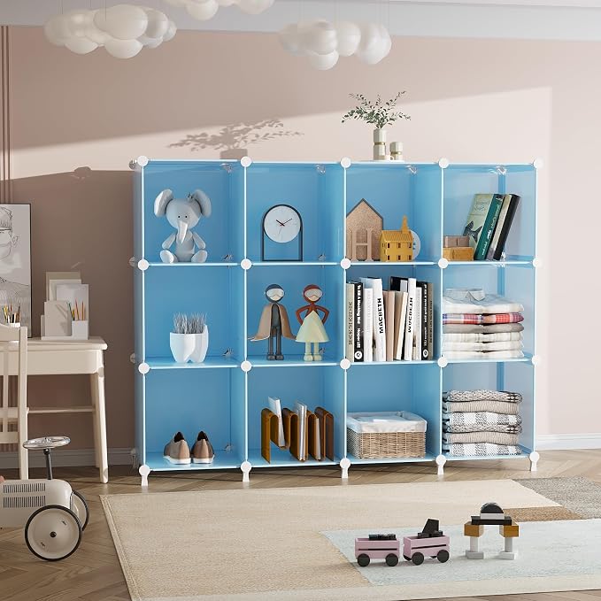 AWTATOS 12 Cube Storage Organizer, Closet Organizers Storage Shelves, Blue | Portable Closet Organizers, DIY Stackable Storage Cubes Shelves Bookshelf, Plastic Clothes Shelving for Home, Bedroom - Image 4