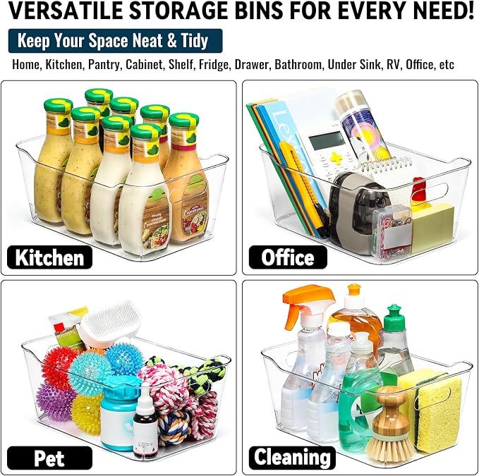 12 PACK Clear Plastic Storage Bins, Kitchen Cabinet Pantry Organizer Bins | Crystal-clear, Thicker, BPA Free, 12 Stickers - Multi-Use Containers for Home, Office, Shelf, Cupboard, Fridge Organization - Image 7