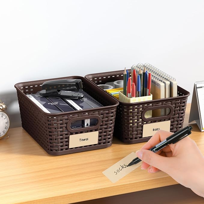 8 Pack Plastic Storage Baskets,Brown Stackable Storage Bins | 5.3qt Storage Containers with Labels for Organizing Shelves Drawers Desktop Closet Playroom Classroom Office - Image 7