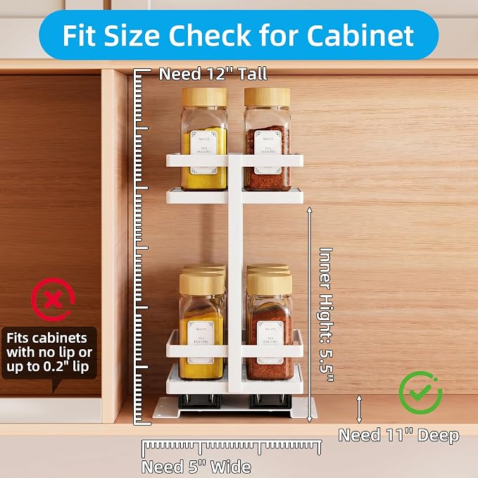 Pull Out Spice Rack 2-Tier Metal & Wood Seasoning Organizer White | No-Drill Install | Full-Extension Silent Glide | Each Tier Holds 10–12 Standard Spice Bottles | Rustproof, Wipe-Clean Surface - Image 3