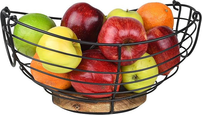 Modern Farmhouse Fruit Basket for Kitchen Counter, Vintage Wire and Wooden Base Fruit Bowl for Kitchen Decor, Fruit & Vegetables Storage Basket/Bowl - Image 4