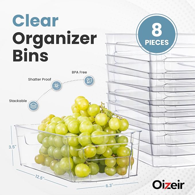 Oizeir 8 Pack Clear Plastic Storage Bins with Handles – Stackable Fridge Organizer Bins for Refrigerator, Freezer, Pantry, Kitchen Cabinet & Cupboard Organization, BPA-Free Acrylic, Transparent - Image 2
