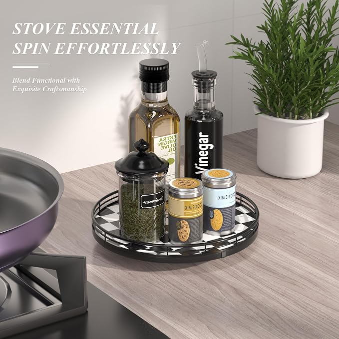 AMH 10-Inch Black and White Checkerboard Lazy Susan with Oak Base | Smooth rotating oak tray with walnut finish for dining tables, kitchen counters, pantries and cabinet storage. - Image 5