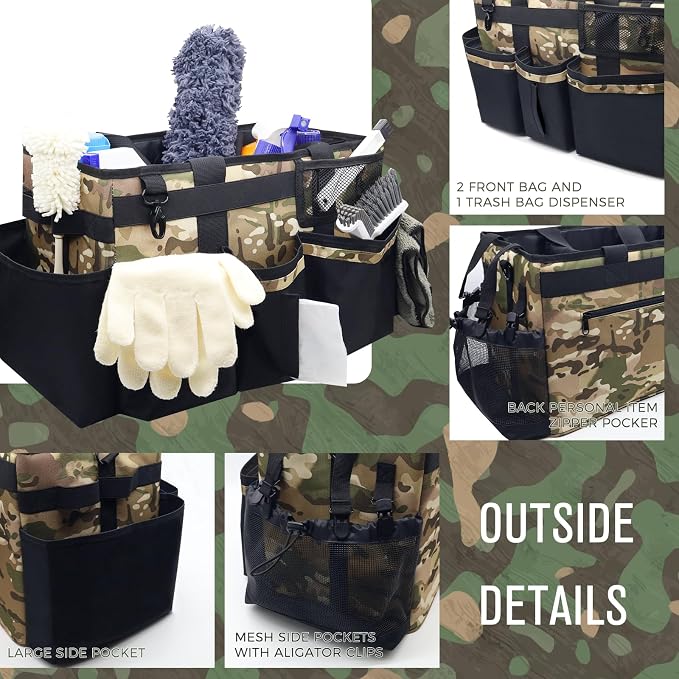 SCAVATA Wearable Cleaning Caddy Organizer with Handle & Shoulder Straps for Housekeepers, Under Sink & Car Cleaning Tool Organizer Bag with 4 Foldable Dividers (Camouflage) - Image 3
