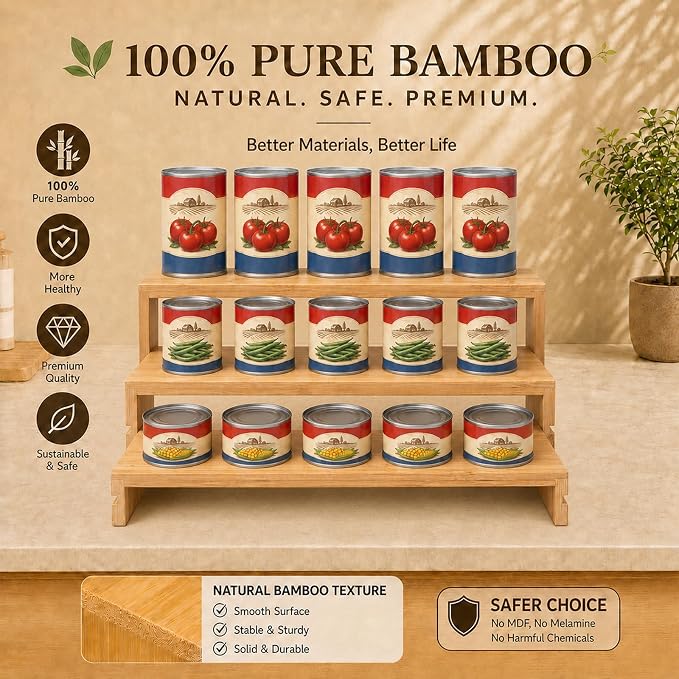 Expandable Bamboo Can Organizers and Storage Rack for Pantry Cabinets 2 Set | 100% Natural Bamboo,Expandable 3 Ties,Adjustable Depth for Pantry Cabinets,s sets,Spice Rack and Canned Food Organizer - Image 5