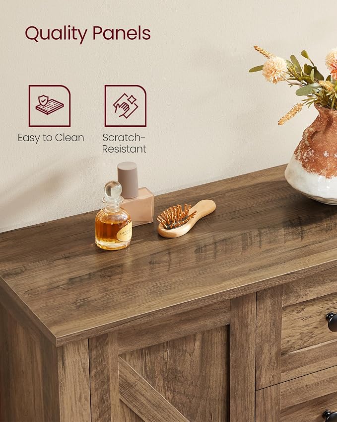 VASAGLE LIRY Collection - Storage Cabinet, Farmhouse Bathroom Floor Cabinet with 4 Drawers, Freestanding Storage Organizer, Barn Door, Adjustable Shelf, Honey Brown, UBBK753K01 - Image 5