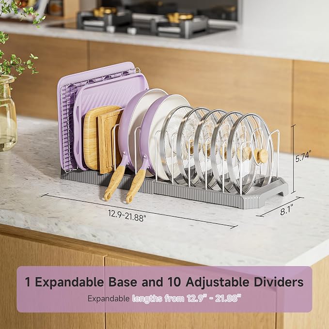 MUDEELA Pots and Pans Organizer under Cabinet, Pan Pot Organizer Inside Cabinet, Expandable 12.9''-21.88'' Pot Lid Organizer Holder with 12 Adjustable Dividers for Cutting Boards, Pan Lid Rack, Grey - Image 2