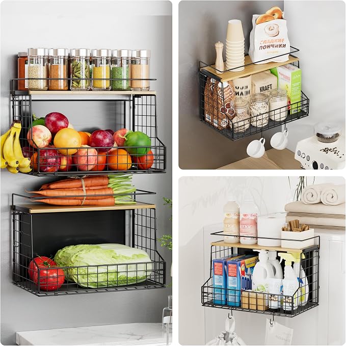 TIDIIABODE Magnetic Shelf for Fridge, Large Container Magnetic Spice Rack for Refrigerator, Fruit Potato and Onion Storage Bins, Magnetic Basket with Wood Lid, Kitchen Counter, Cabinet - Image 6