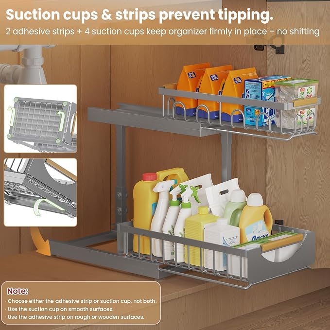 Under Sink Organizer and Storage for Bathroom and Kitchen - 2 Pack 2 Tier | Cabinet Pull Out Shelf Organizers - Slide Out Drawer Organization for Home Cabinets Shelves and Drawers - Image 5