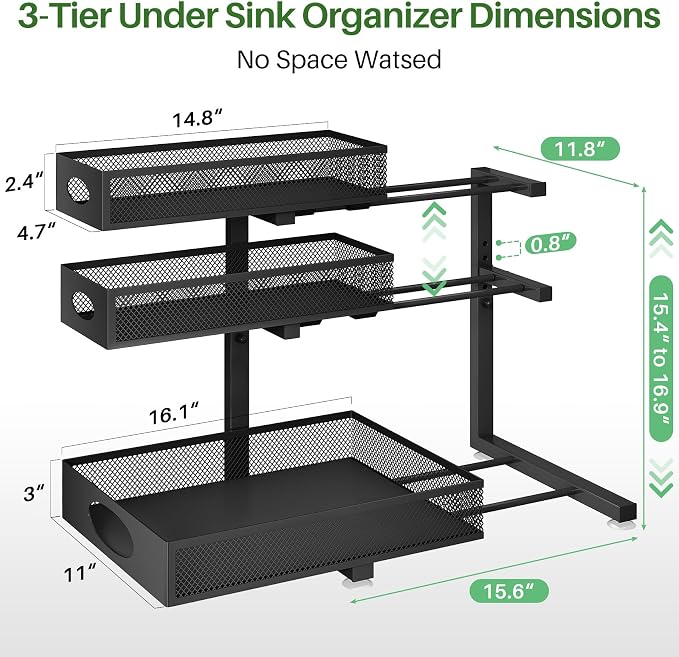 Kitstorack Under Sink Organizer 3-Tier Slide Out Drawer 1-Pack Black | Height Adjustable, Metal Mesh Storage Rack, Pull out Cabinet Organizer Shelf for Bathroom Kitchen Pantry Home Organization - Image 9