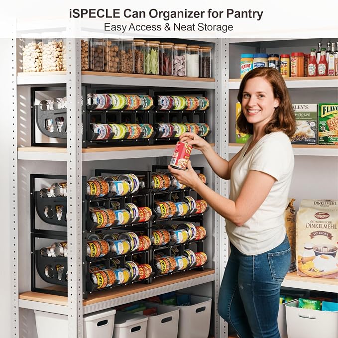Can Storage Organizer Pantry - Auto-Rolling Expandable Hold 80 Cans | Stackable For Walk-in Deep Pantry Shelf, Adjustable Width for Food Cans, Sturdy Metal Frame, Easy Access & Restocking, Black - Image 2