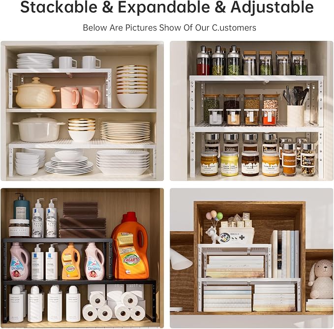 Expandable Adjustable Stackable Kitchen Organizer,Pantry Storage Shelves Racks,for cabinets Shelf, Kitchens, countertops, bathrooms,RV(2Packs/White,Medium) - Image 6