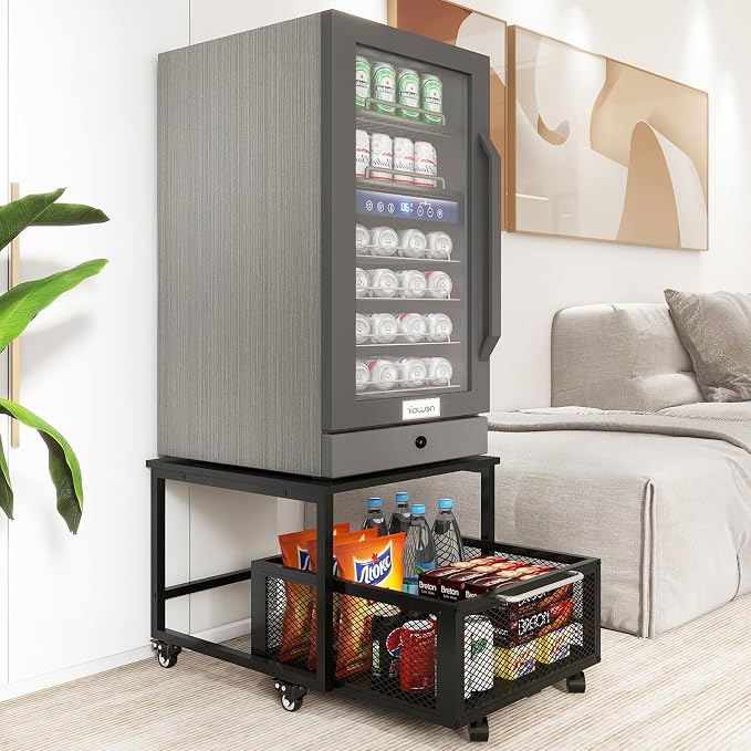 PUNCIA 19.7" x 23.6" Mini Fridge Stand with Large Capicity Storage, Black | Sturdy Refrigerator Table with Lockable Wheels, Rolling Fridge Cart Heavy Duty Appliance Platform for Dorm, Apartment Bedroom by PUNCIA